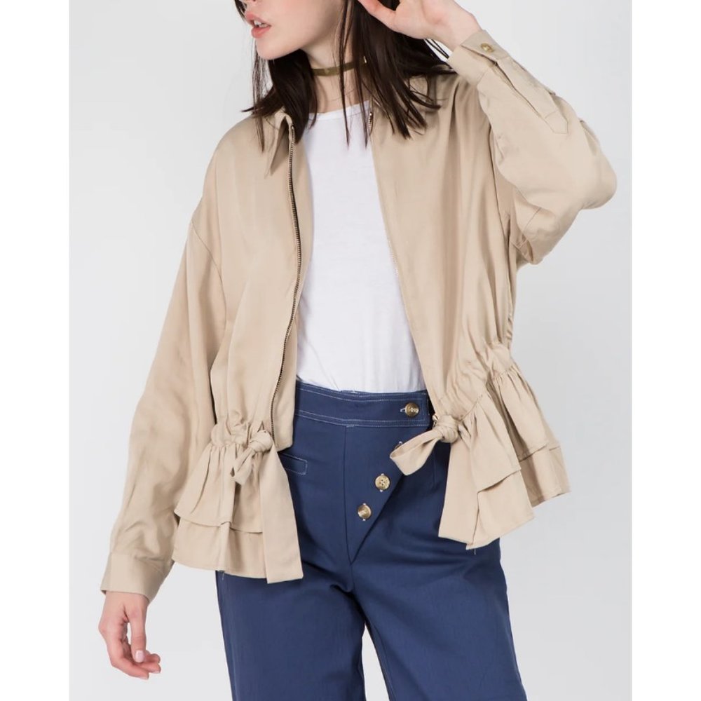 Whiteroom+Cactus Womens M Beige Waist Detailed Oversized Zip Jacket Ruffled Hem